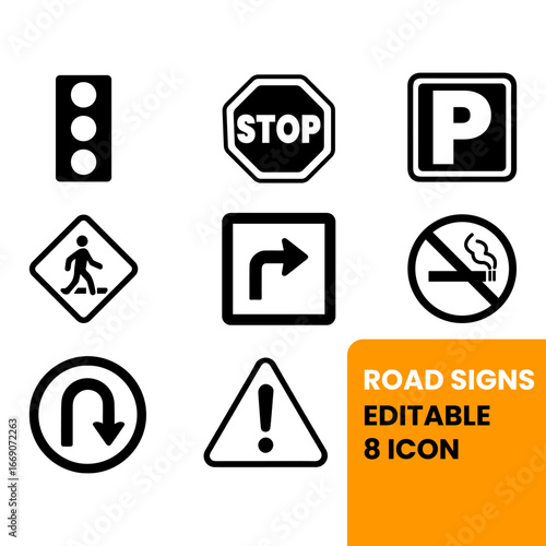 Vector Road Signs Set – Traffic, Stop, Parking, Pedestrian, and Warning Symbols
