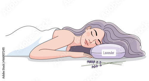 Serene woman asleep on lavender pillow surrounded by fresh lavender sprigs