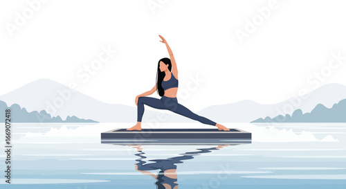 Serene warrior pose by a woman over water with background mountains