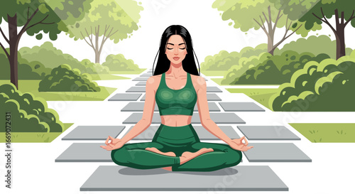 Serene woman in yoga pose, finds inner peace in the park landscape