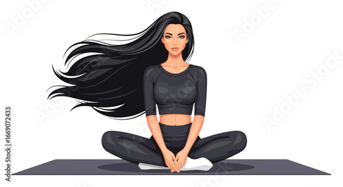 Serene woman in yoga attire sitting cross-legged on a mat with flowing hair