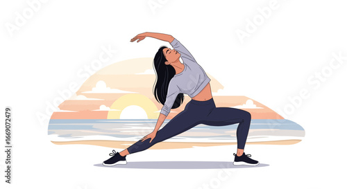 Serene yoga practice at dawn, balance and flexibility on coastal bliss