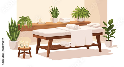 Tranquil spa setting with massage bed, plants and soothing candles arrangement