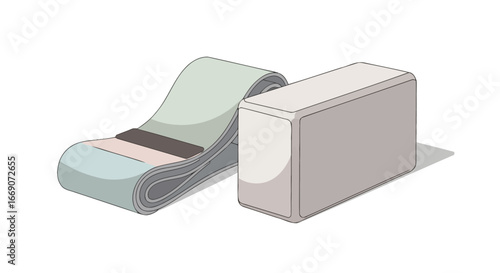 Stylized yoga block and rolled mat illustration on a clean background