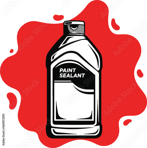 Paint Sealant Bottle Icon – Bold Black and White Vector Illustration on Red Background for Automotive Care
