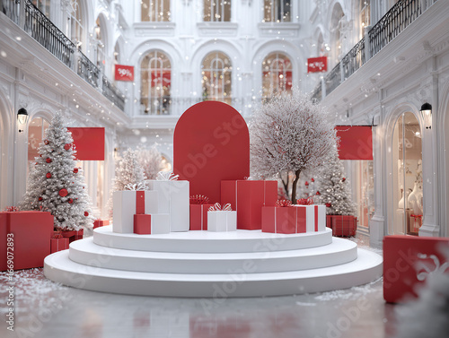 Central, empty 3D podium in a large atrium-like setting, possibly a department store during Christmas The scene features a vibrant holiday display with a central focus on stacked red a - AI-Generated