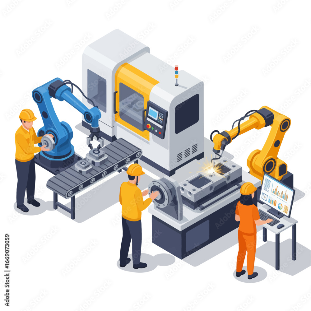 Fototapeta premium Engineers collaborate with advanced robotic arms and CNC machines in a modern smart factory, illustrating automated industrial manufacturing processes and technological innovation