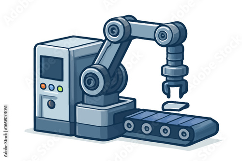 Automated robotic arm efficiently operates on a modern industrial assembly line, showcasing advanced manufacturing technology and precise handling of components in a streamlined production process