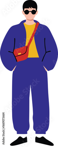 Young modern man wearing sunglasses with casual blue outfit and red crossbody bag vector illustration urban style fashion 