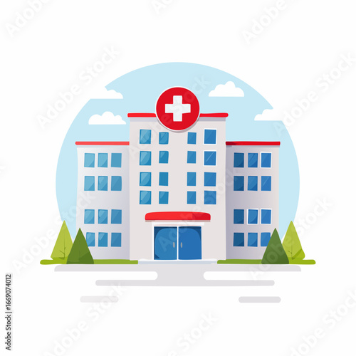 A modern cartoon illustration of a hospital building with a red cross symbol on its roof, set against a blue sky with clouds and green trees.
