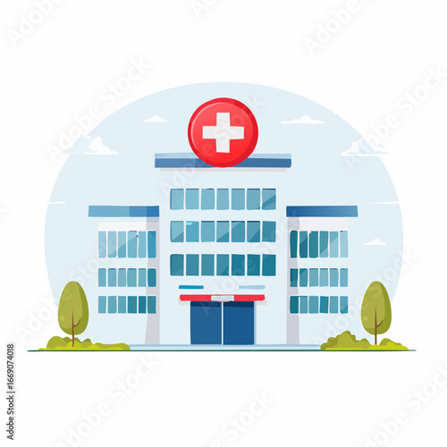 Modern hospital building illustration with a red cross symbol, representing healthcare and medical services.