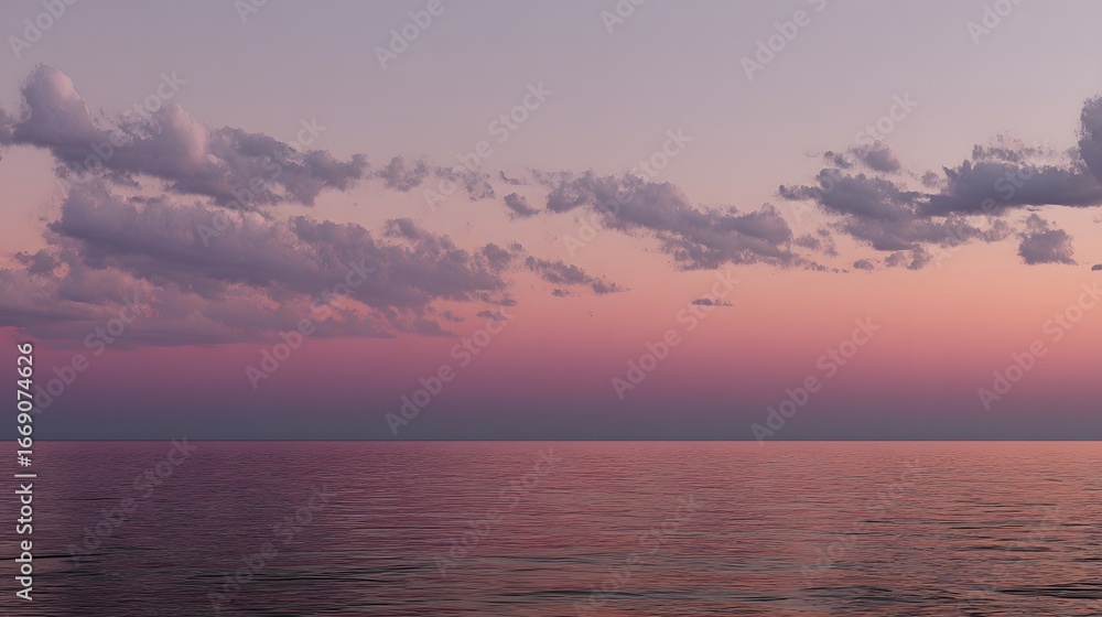 Naklejka premium A serene seascape at twilight, showcasing a calm ocean reflecting a vibrant sunset sky.