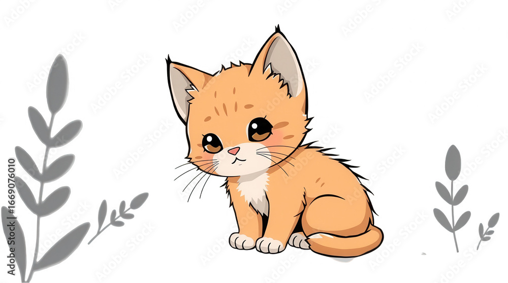 Obraz premium An adorable orange kitten with large expressive eyes sits peacefully near stylized leaves showcasing its playful nature in a cartoon art style