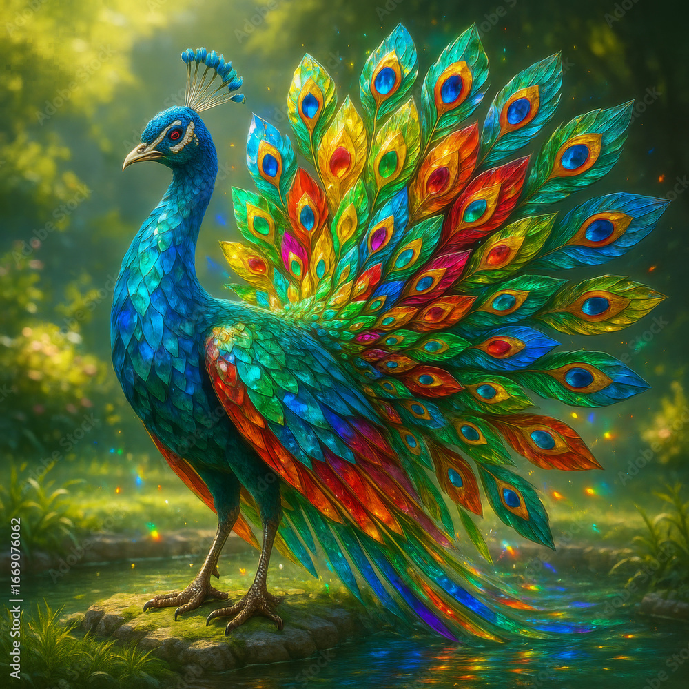 Obraz premium AI-generated image of a hyper-realistic Crystal Peacock standing proudly in a sunlit meadow.
