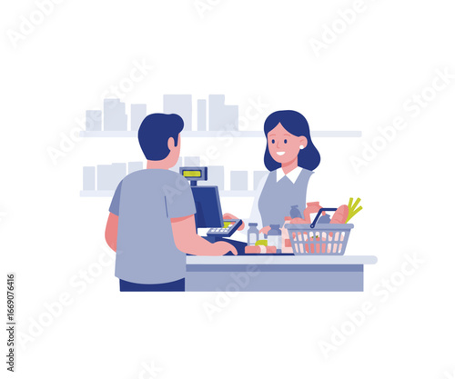 Customer at checkout counter with cashier in a store illustration.