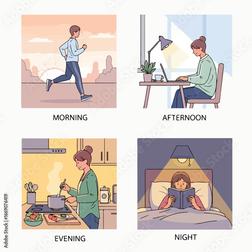 Daily routine illustrations showing different activities throughout the day.
