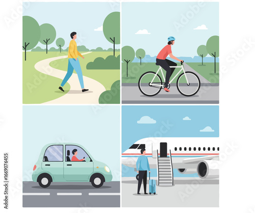 A set of four illustrations showing various transportation options from walking in a park to boarding an airplane.