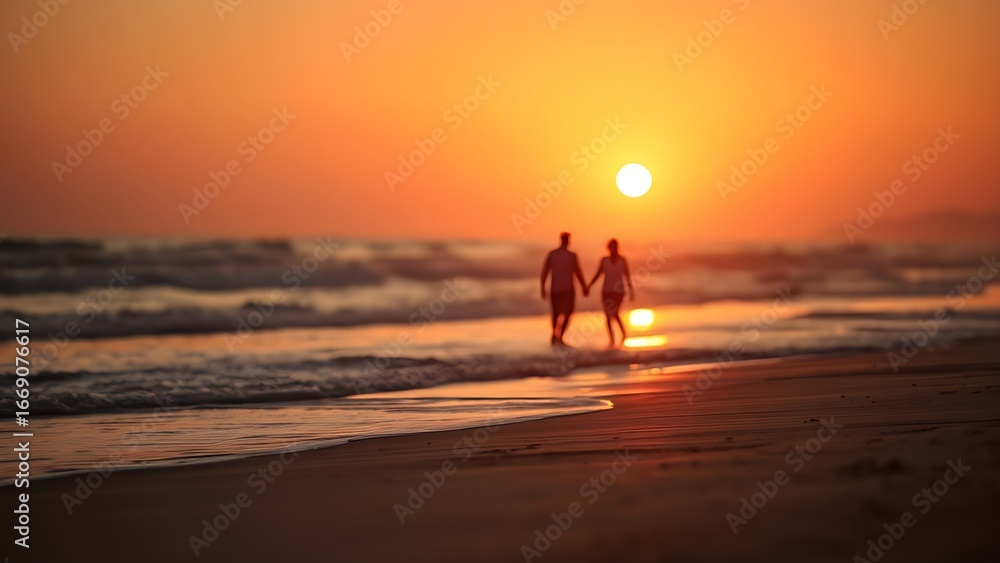 Obraz premium Sunset at the beach with golden light and distant silhouettes of a family.