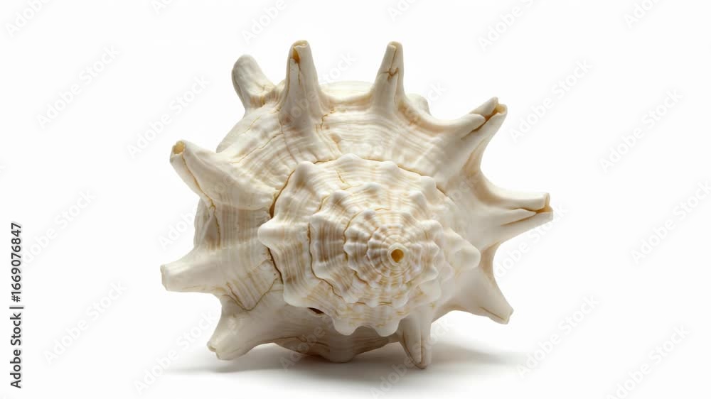 Elegant studio shot featuring spiky sea shell variations against a pristine white backdrop Elegant studio shot featuring spiky sea shell variations against a pristine white backdrop