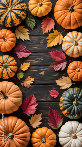Rustic Halloween Background with Pumpkins and Wooden Texture Design with Pumpkins and Fallen Leaves on Wooden Background