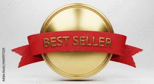 Golden Best Seller Emblem with Red Ribbon on White Background