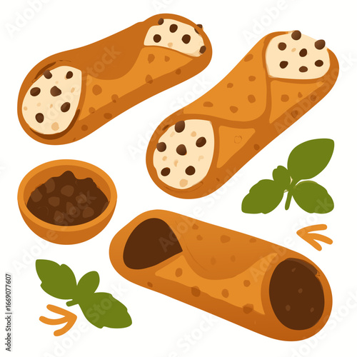 delicious cannoli pastries filled with chocolate chips on plate with mint leaves on white background for dessert