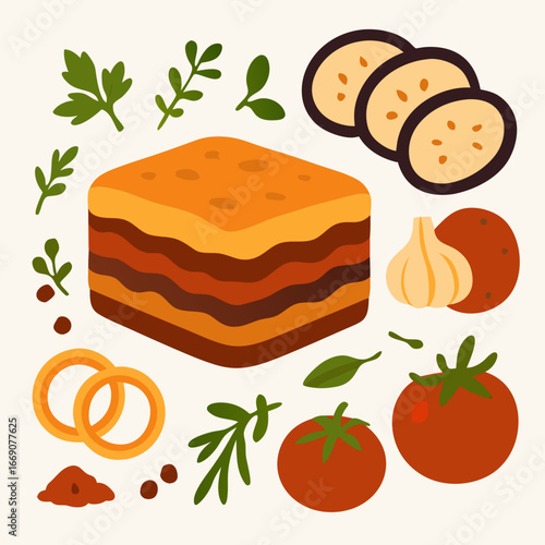 a colorful illustration of lasagna with ingredients like tomatoes garlic herbs and spices arranged around it on a white background