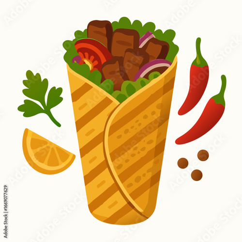 a vibrant illustration of a beef shawarma wrap with fresh lettuce tomato onion parsley chili peppers and lemon on a clean white background for food advertising or menu design