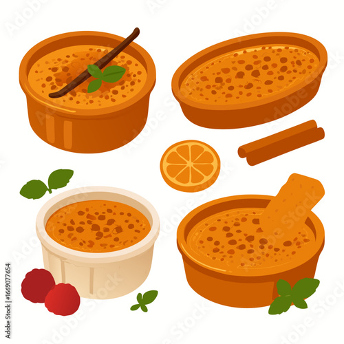 delicious creme brulee desserts with caramelized sugar oranges cinnamon sticks mint leaves raspberries
