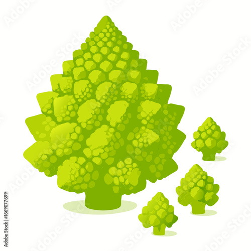 a vibrant green romanesco broccoli vegetable with three smaller florets beside it on a white background in a digital illustration style