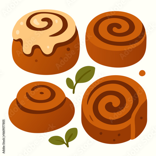 four cinnamon rolls with icing and leaves on white background dessert food