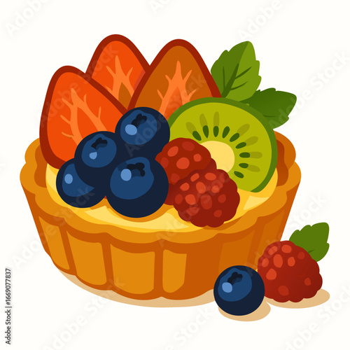 a colorful cartoon illustration of a fruit tart with blueberries raspberries kiwi and orange slices on a white background for food graphic design
