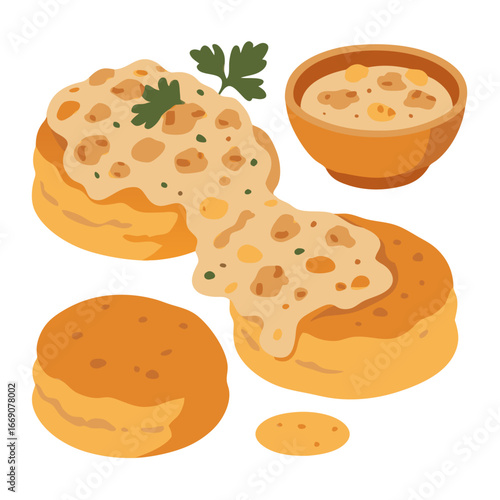 a plate of biscuits smothered in creamy chicken gravy beside a bowl