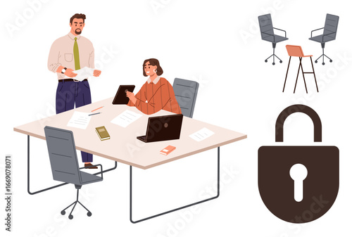 Two professionals collaborating at a desk with documents, laptop, and tablet. Chairs and lock emphasize teamwork, technology, and security. Ideal for business, strategy, leadership tech privacy