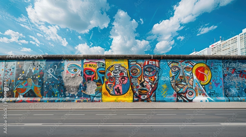 Fototapeta premium Colorful graffiti art adorns a section of the Berlin Wall, a sunny day