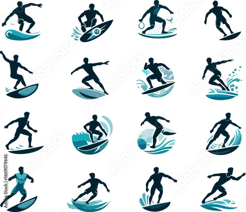 sketch vector illustration image design collection of icons logo symbols character silhouettes of sportsmen surfing on ocean waves cool model style abstract vintage ethnic modern