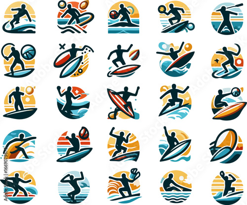 sketch vector illustration image design collection of icons logo symbols character silhouettes of sportsmen surfing on ocean waves cool model style abstract vintage ethnic modern