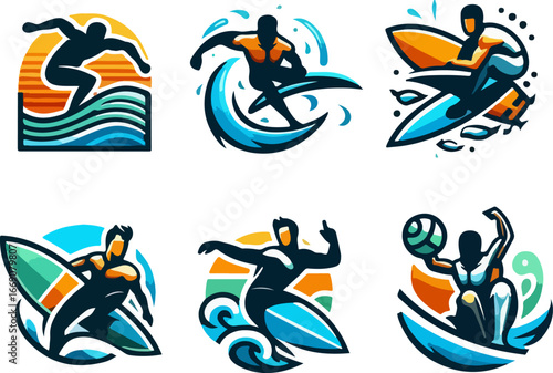 sketch vector illustration image design collection of icons logo symbols character sportsman surfing on the waves cool modern abstract style model