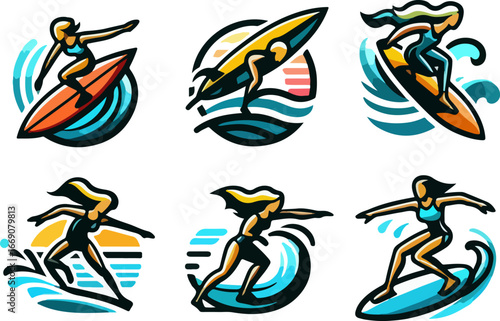 sketch vector illustration image design collection of icons logo symbols character sportsman surfing on the waves cool modern abstract style model