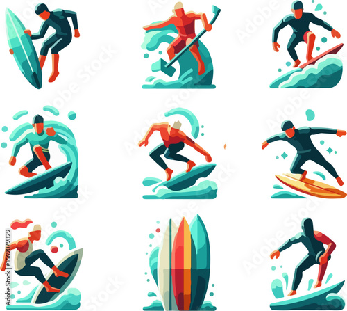 sketch vector illustration image design collection of icons logo symbols character sportsman surfing on the waves cool modern abstract style model