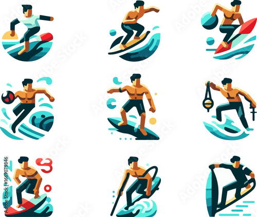 sketch vector illustration image design collection of icons logo symbols character sportsman surfing on the waves cool modern abstract style model