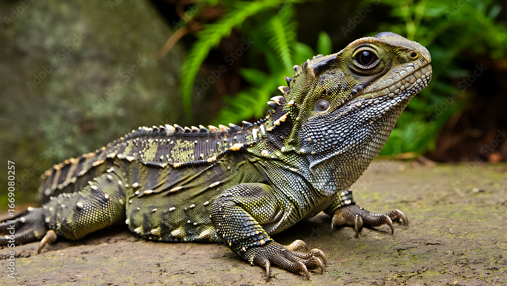 Fototapeta premium A detailed closeup of a tuatara lizard basking on a textured rock surface with lush green foliage in the background