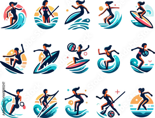 Vector sketch illustration image design collection of icons, logo symbols, sportsman characters surfing on the ocean waves, cool, modern, abstract style model