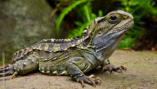 Wallpaper Mural A detailed closeup of a tuatara lizard basking on a textured rock surface with lush green foliage in the background Torontodigital.ca