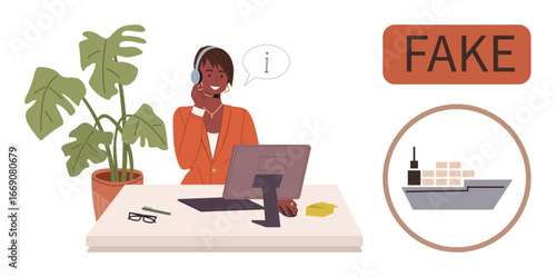 Office worker at desk assisting with product inquiries, next to fake goods alert and cargo ship icon. Ideal for fraud prevention, customer support, logistics, product authenticity, e-commerce