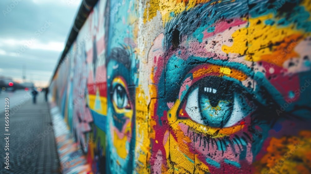 Fototapeta premium Close-up graffiti art on a wall, featuring vibrant eyes. City street in the background