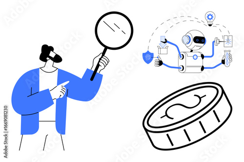 Man with magnifying glass analyzing multitasking robot interacting with icons and a digital coin. Ideal for AI, automation, innovation, fintech, robotics, analysis, technology concepts. Simple flat