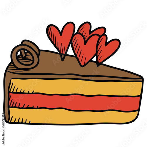 Chocolate cake slice with heart hand drawn vector cartoon illustration