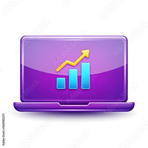 Purple laptop icon with a growing bar chart graphic, symbolizing business growth and progress.