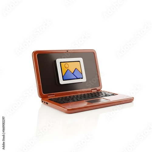 A detailed studio shot of a modern orange laptop displaying an image on its screen.
